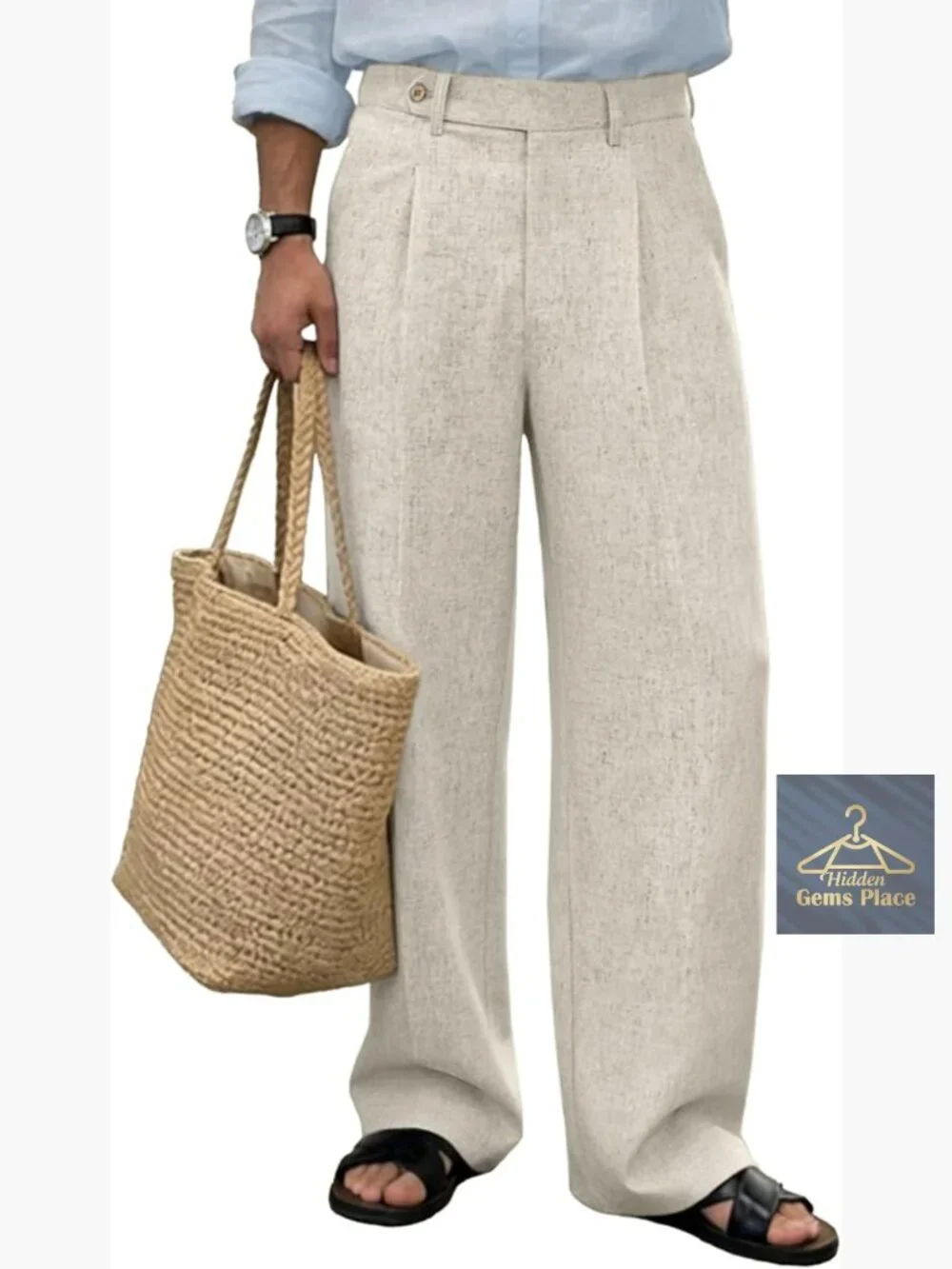 Mens Linen Casual Dress Pants Baggy Pleated Wide Leg Slacks Relaxed Fit Trousers